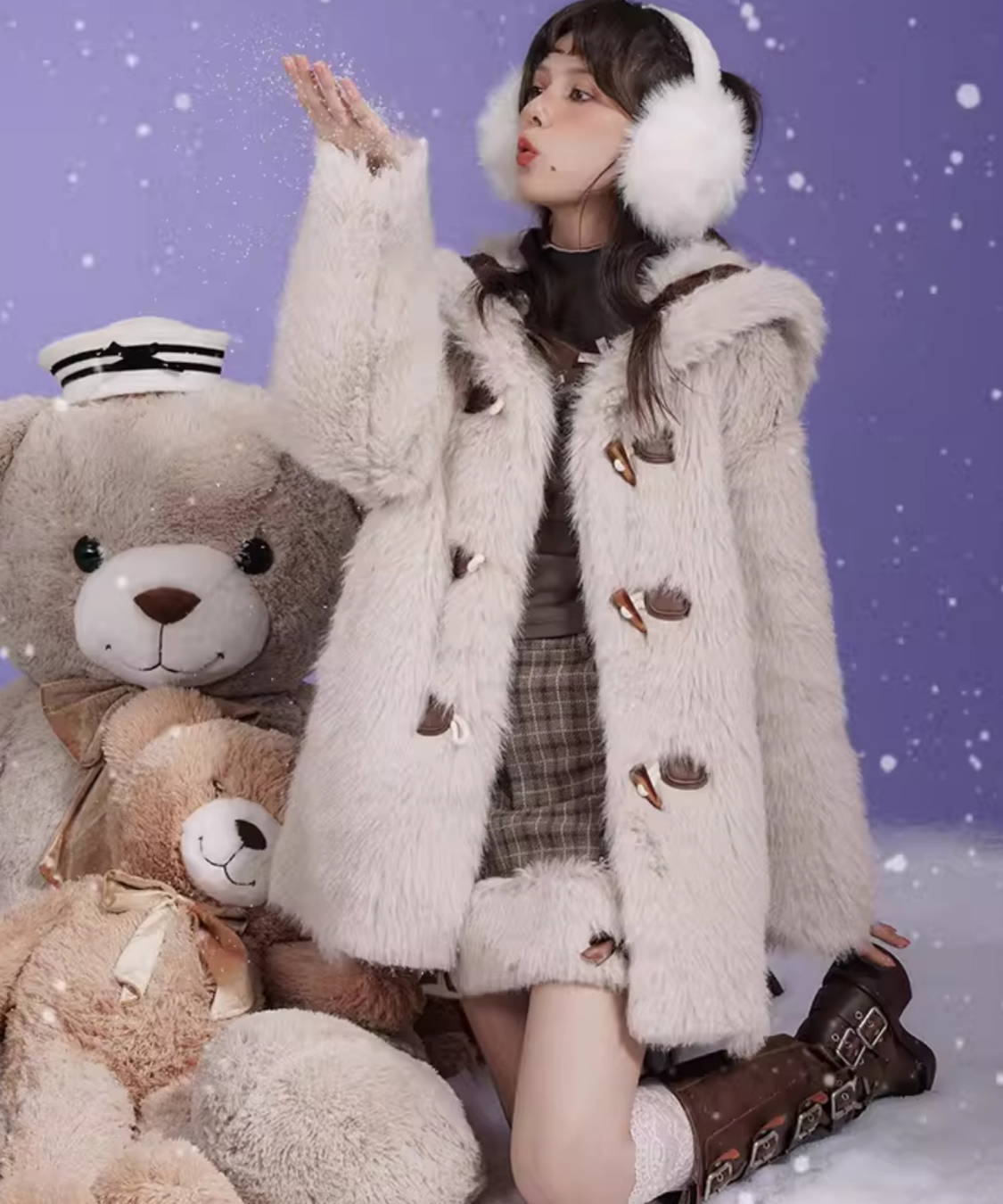 リボン付きセーラーデザインフェイクファーコート