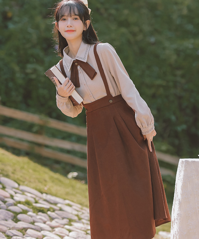 配色リボンブラウス＋サスペンダースカート2点セット