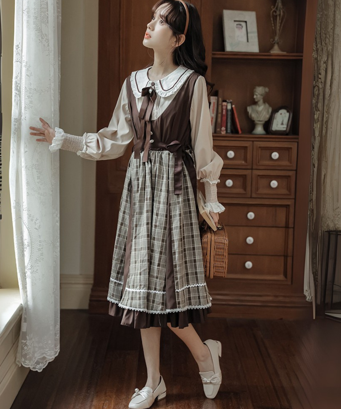 パイピング襟リボン付きチェック切り替えフェイクレイヤードワンピース