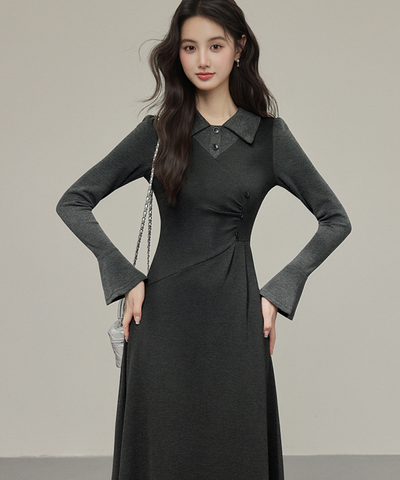 フェイク2ピース風シャツカラーニットワンピース