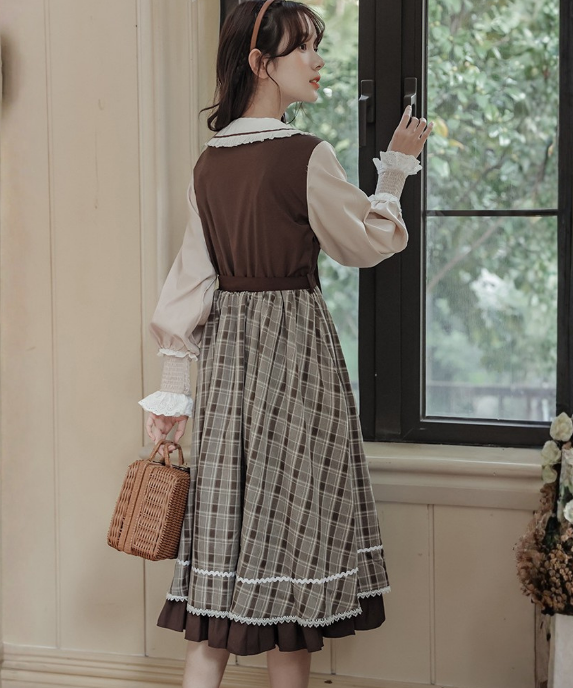 パイピング襟リボン付きチェック切り替えフェイクレイヤードワンピース