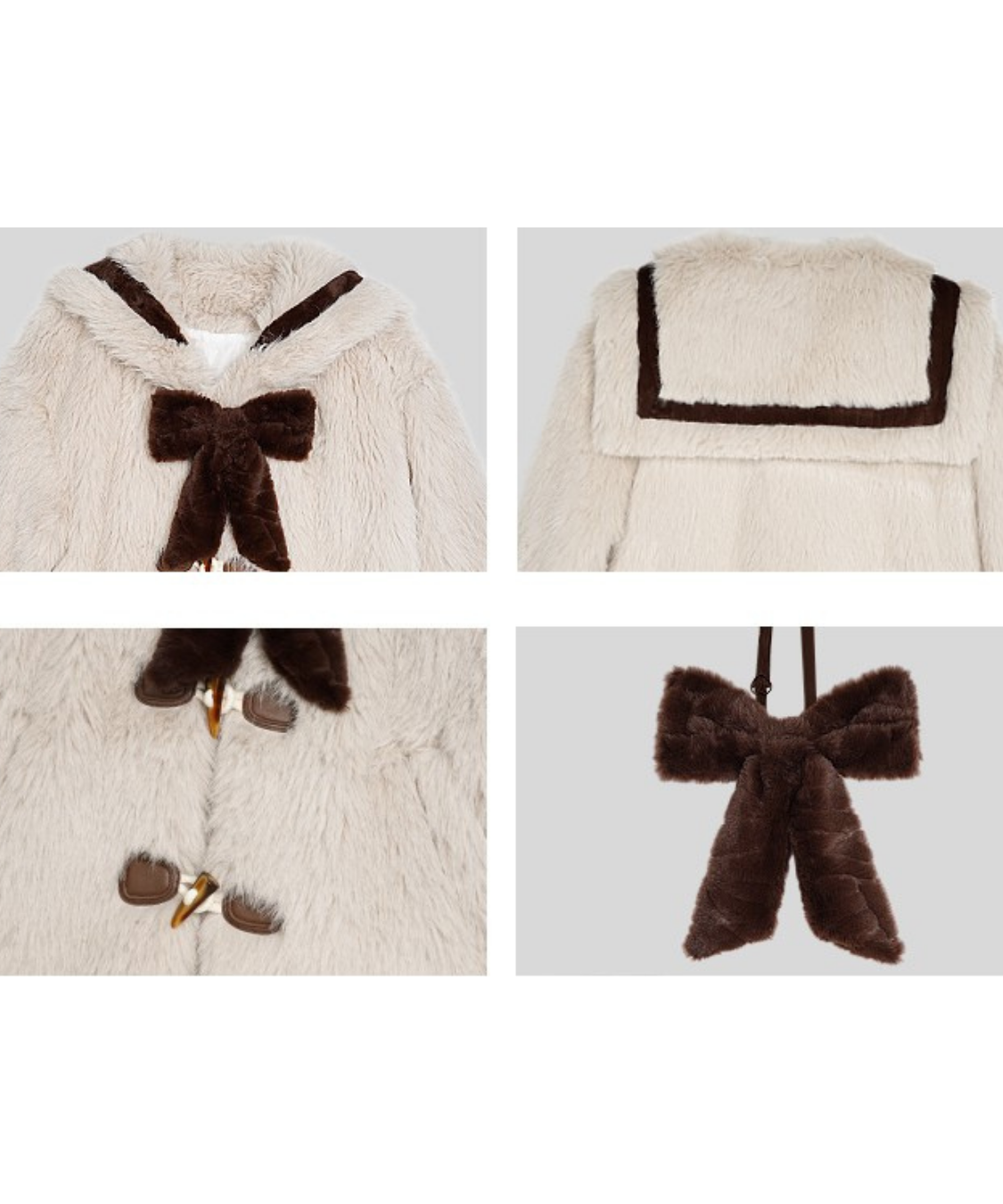 リボン付きセーラーデザインフェイクファーコート