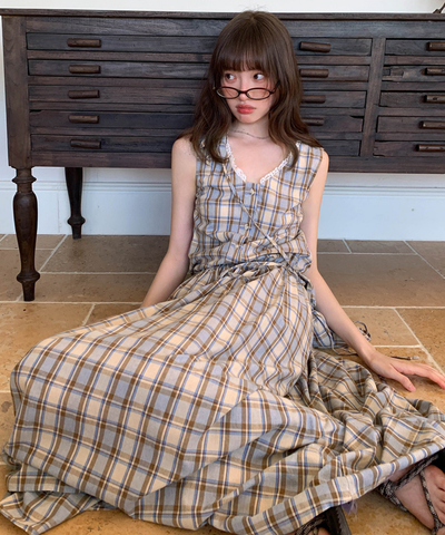 巾着バッグセットレースVネックチェック柄ワンピース