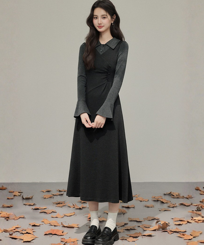 フェイク2ピース風シャツカラーニットワンピース