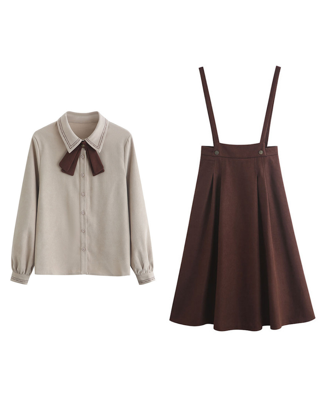 配色リボンブラウス＋サスペンダースカート2点セット