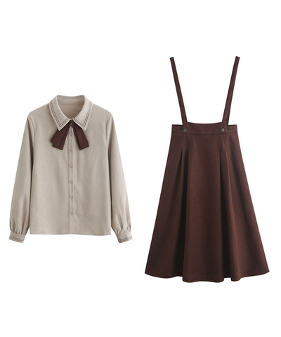 配色リボンブラウス＋サスペンダースカート2点セット