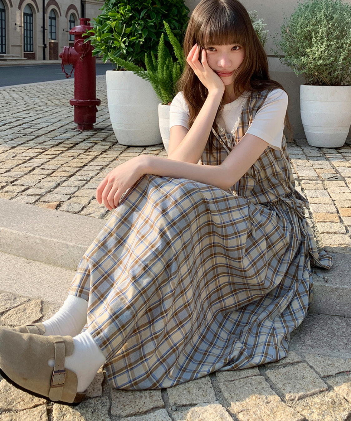 巾着バッグセットレースVネックチェック柄ワンピース