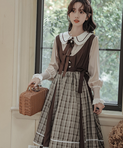パイピング襟リボン付きチェック切り替えフェイクレイヤードワンピース