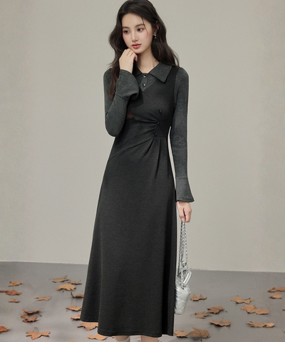 フェイク2ピース風シャツカラーニットワンピース