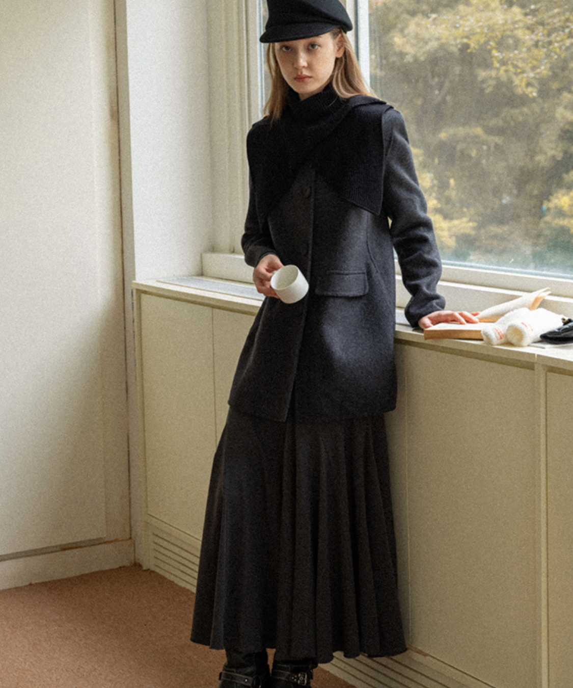 モックネックウエストドレープマーメイドワンピース