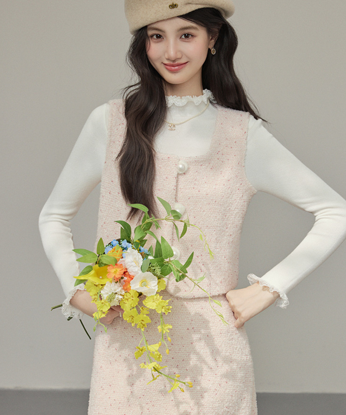 パールボタンベスト＋Iラインスカート 2点セット