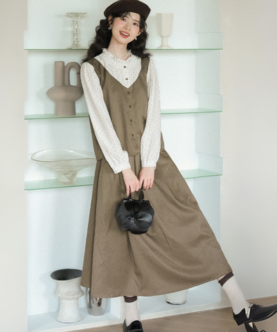 ドット柄ブラウスドッキングベスト＋タック入りスカート 2点セット