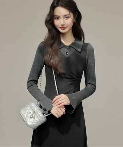 フェイク2ピース風シャツカラーニットワンピース