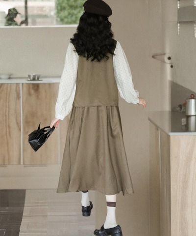 ドット柄ブラウスドッキングベスト＋タック入りスカート 2点セット