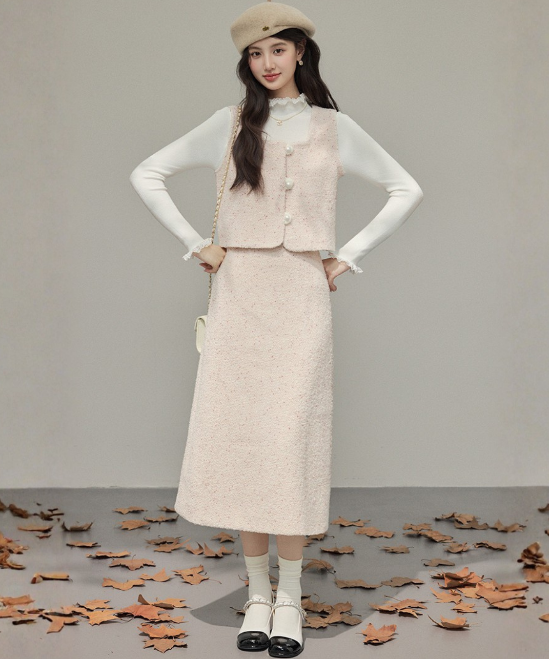 パールボタンベスト＋Iラインスカート 2点セット