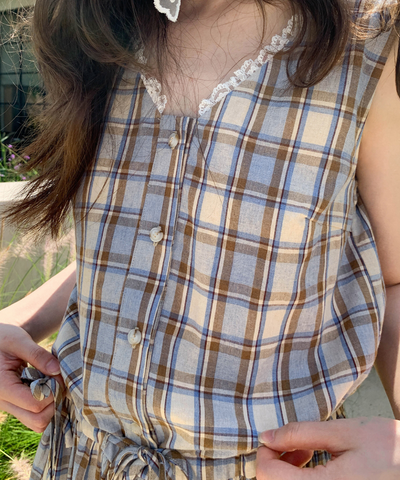 巾着バッグセットレースVネックチェック柄ワンピース