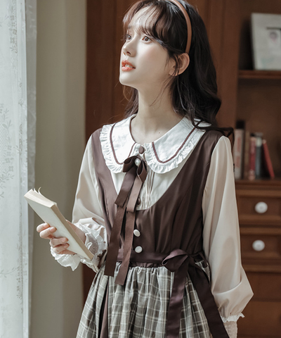 パイピング襟リボン付きチェック切り替えフェイクレイヤードワンピース