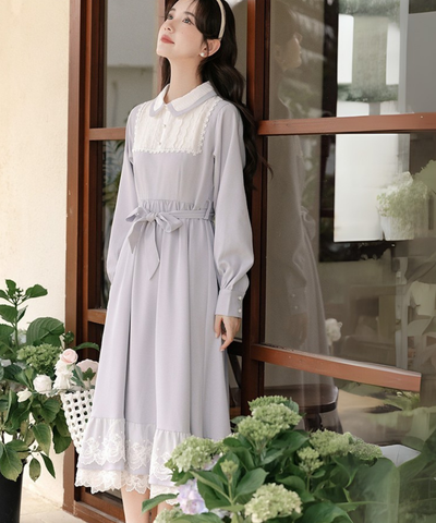 ラウンドカラー裾フリルレイヤード風ワンピース