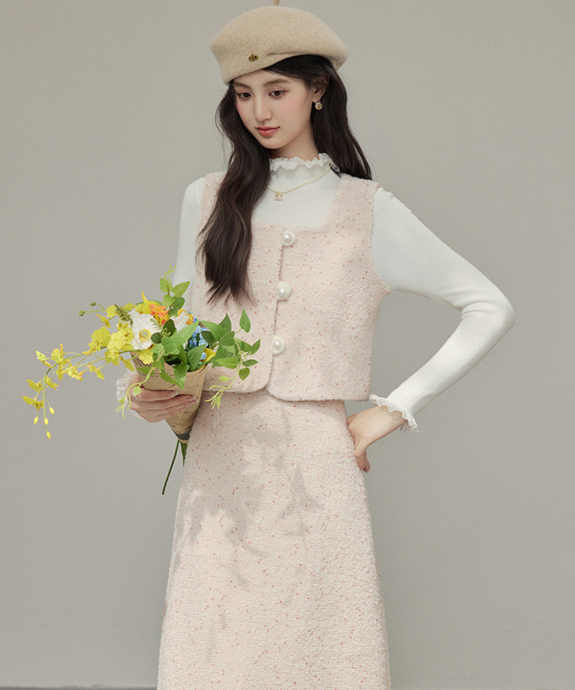 パールボタンベスト＋Iラインスカート 2点セット