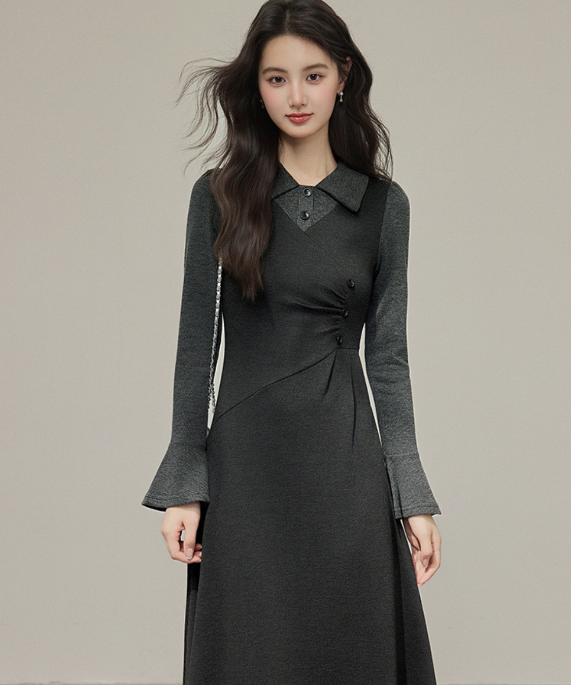 フェイク2ピース風シャツカラーニットワンピース