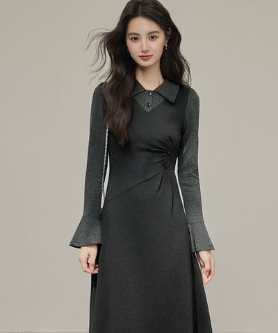 フェイク2ピース風シャツカラーニットワンピース