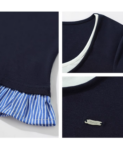 フェイクインナー風裾ストライプフリルTシャツ