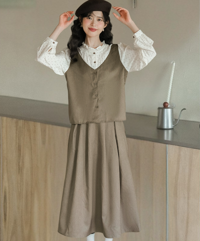 ドット柄ブラウスドッキングベスト＋タック入りスカート 2点セット