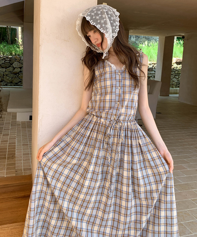 巾着バッグセットレースVネックチェック柄ワンピース