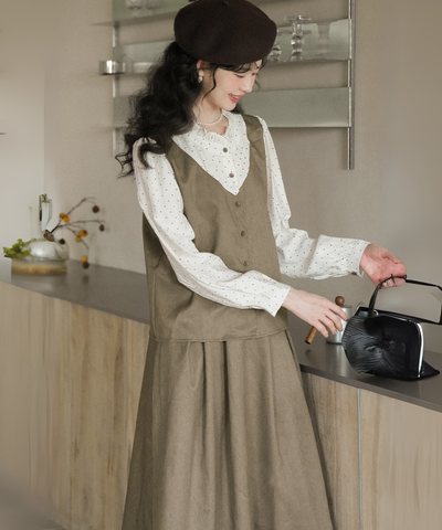 ドット柄ブラウスドッキングベスト＋タック入りスカート 2点セット