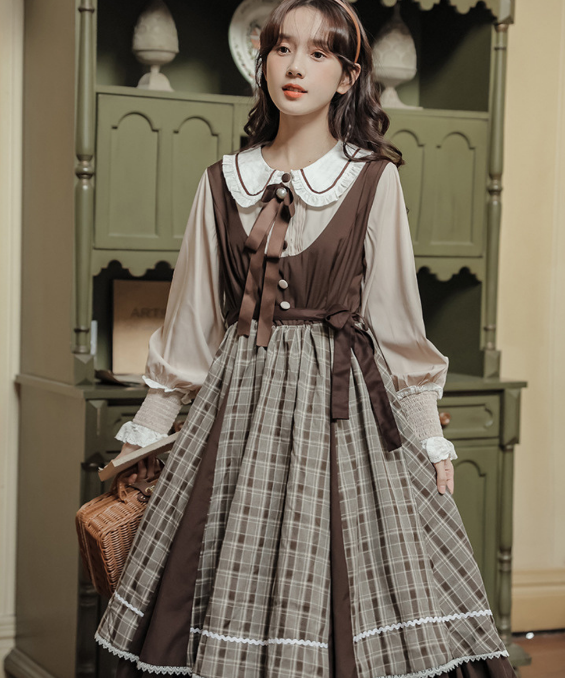 パイピング襟リボン付きチェック切り替えフェイクレイヤードワンピース