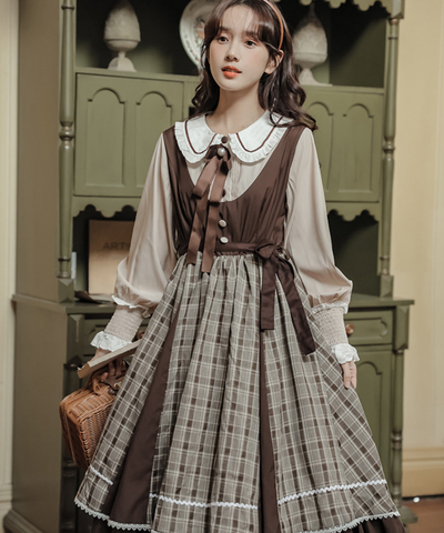 パイピング襟リボン付きチェック切り替えフェイクレイヤードワンピース