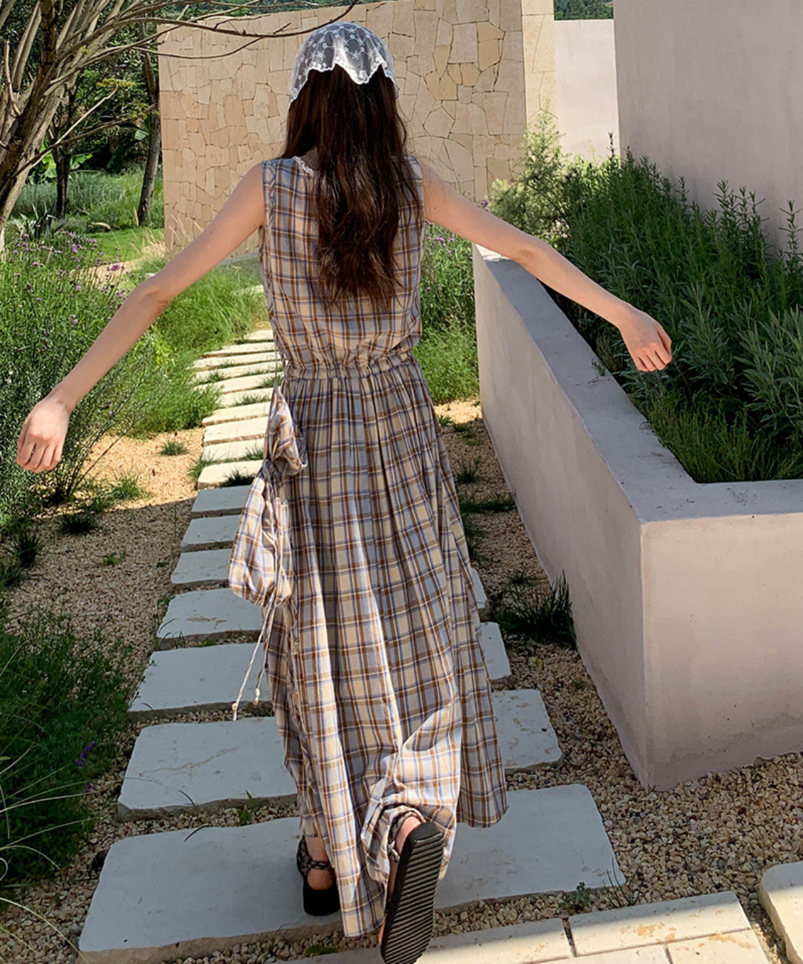 巾着バッグセットレースVネックチェック柄ワンピース