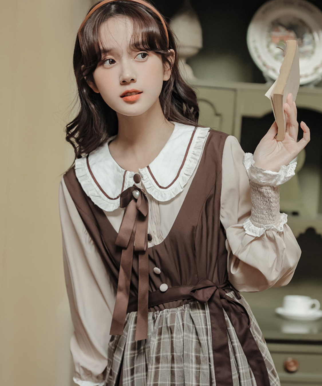 パイピング襟リボン付きチェック切り替えフェイクレイヤードワンピース