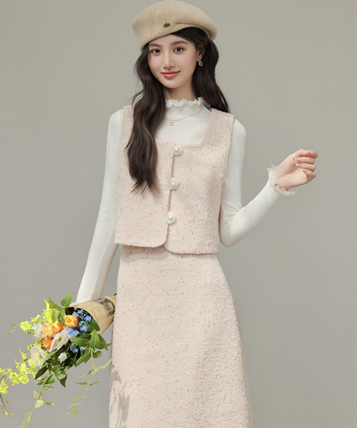 パールボタンベスト＋Iラインスカート 2点セット