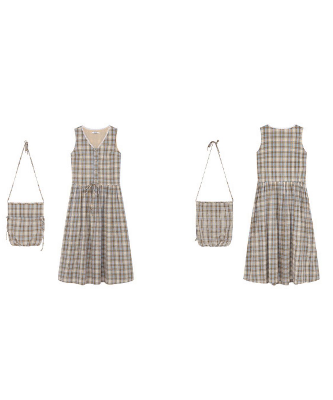 巾着バッグセットレースVネックチェック柄ワンピース