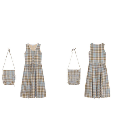 巾着バッグセットレースVネックチェック柄ワンピース