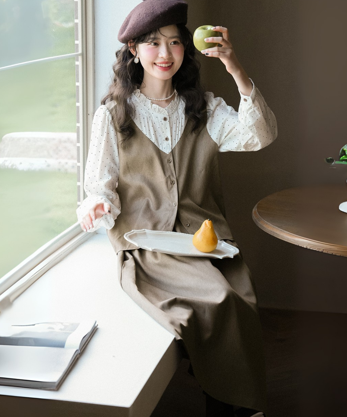 ドット柄ブラウスドッキングベスト＋タック入りスカート 2点セット