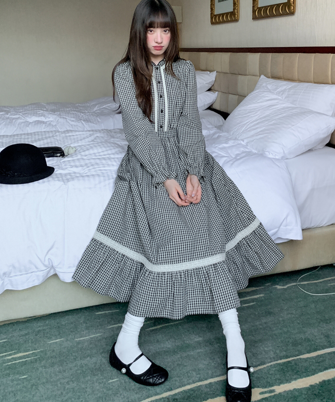 スタンドフリルカラーレーストリムチェックワンピース