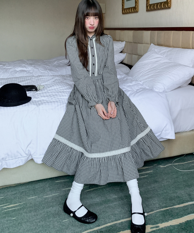 スタンドフリルカラーレーストリムチェックワンピース