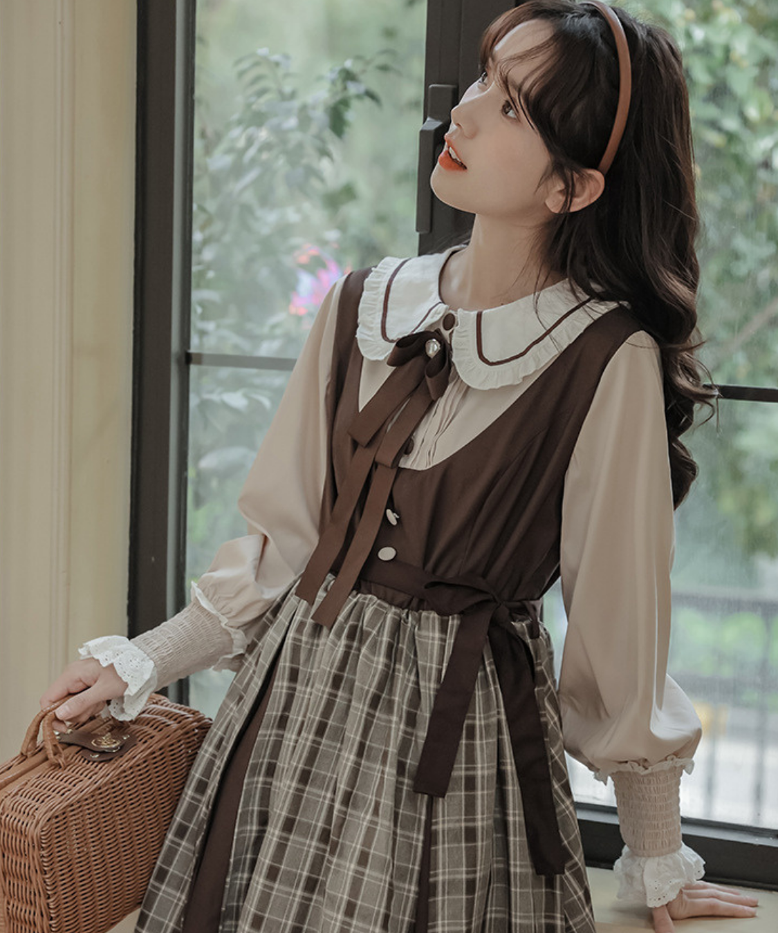 パイピング襟リボン付きチェック切り替えフェイクレイヤードワンピース