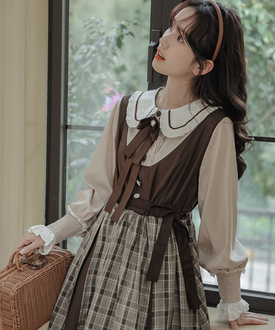 パイピング襟リボン付きチェック切り替えフェイクレイヤードワンピース