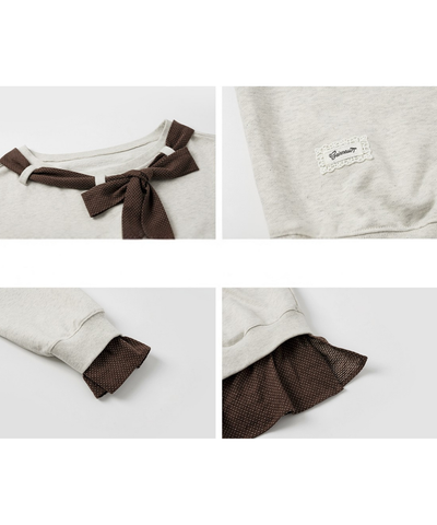 リボン付き配色オフショルダーレイヤード風プルオーバー