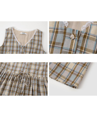 巾着バッグセットレースVネックチェック柄ワンピース