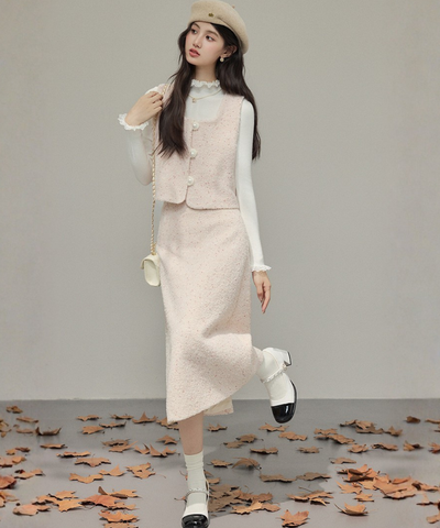 パールボタンベスト＋Iラインスカート 2点セット