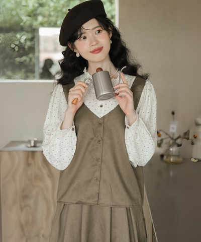 ドット柄ブラウスドッキングベスト＋タック入りスカート 2点セット