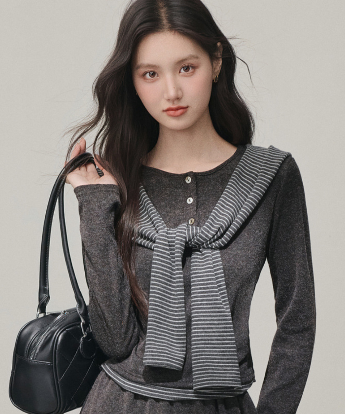 ヘンリーネックニット＋ロングスカート＋フード付きボーダーショール 3点セット