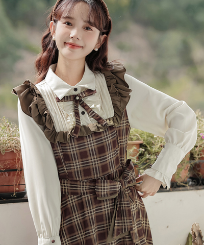 ピンタックブラウスドッキングチェック柄ワンピース