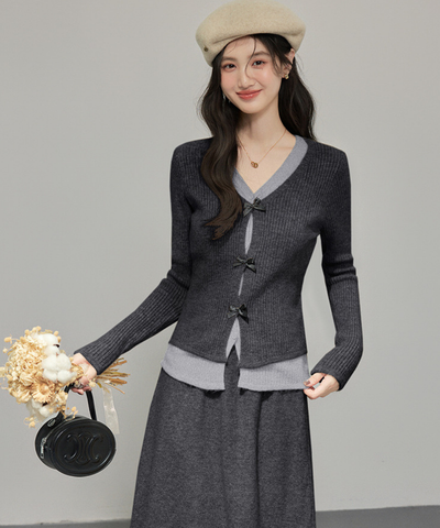 フロントリボンリブカーデ＋ロングニットスカート 2点セット