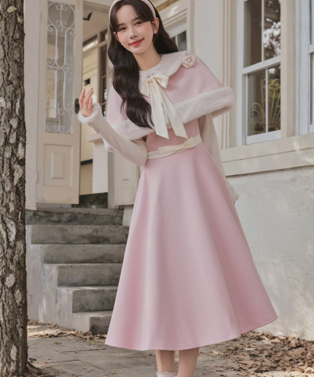 リボンタイフレアワンピース＋ファーケープ 2点セット – jemiremi