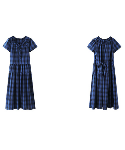 チェック柄ギャザーフリルネックティアードワンピース